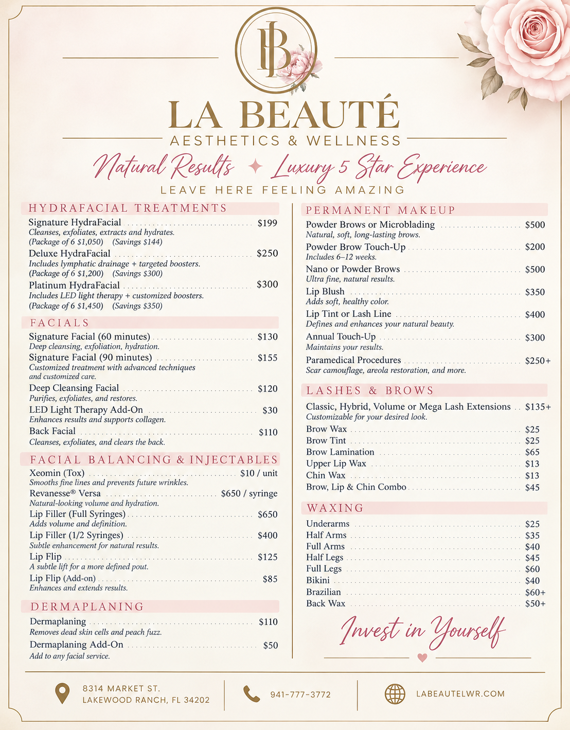 La Beauté Aesthetics and Wellness luxury spa menu — pricing for facials, injectables, lashes, permanent makeup and waxing